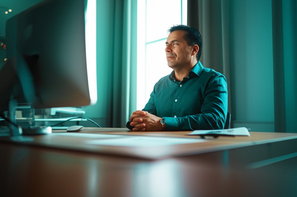 Mid-career professional at a clean office desk, mindfully pausing, looking out window with a content expression, showing w...