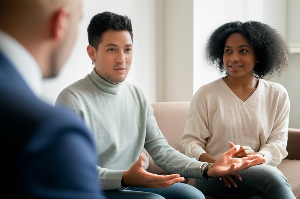 Two diverse people in an empathetic conversation. One speaks gently, the other listens intently, creating a safe mental he...