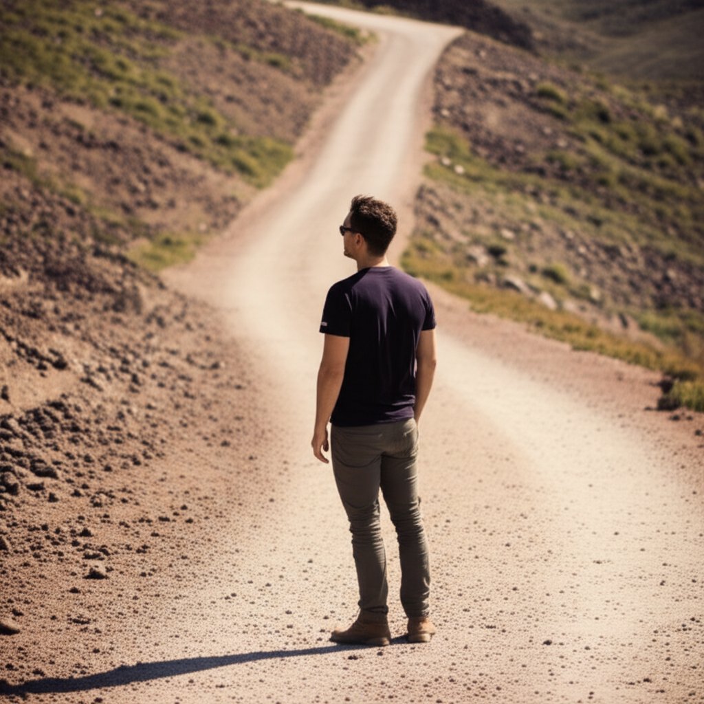Determined person on a path, rugged terrain transforming to clear, ascending path. Looks confidently to horizon, embodying...