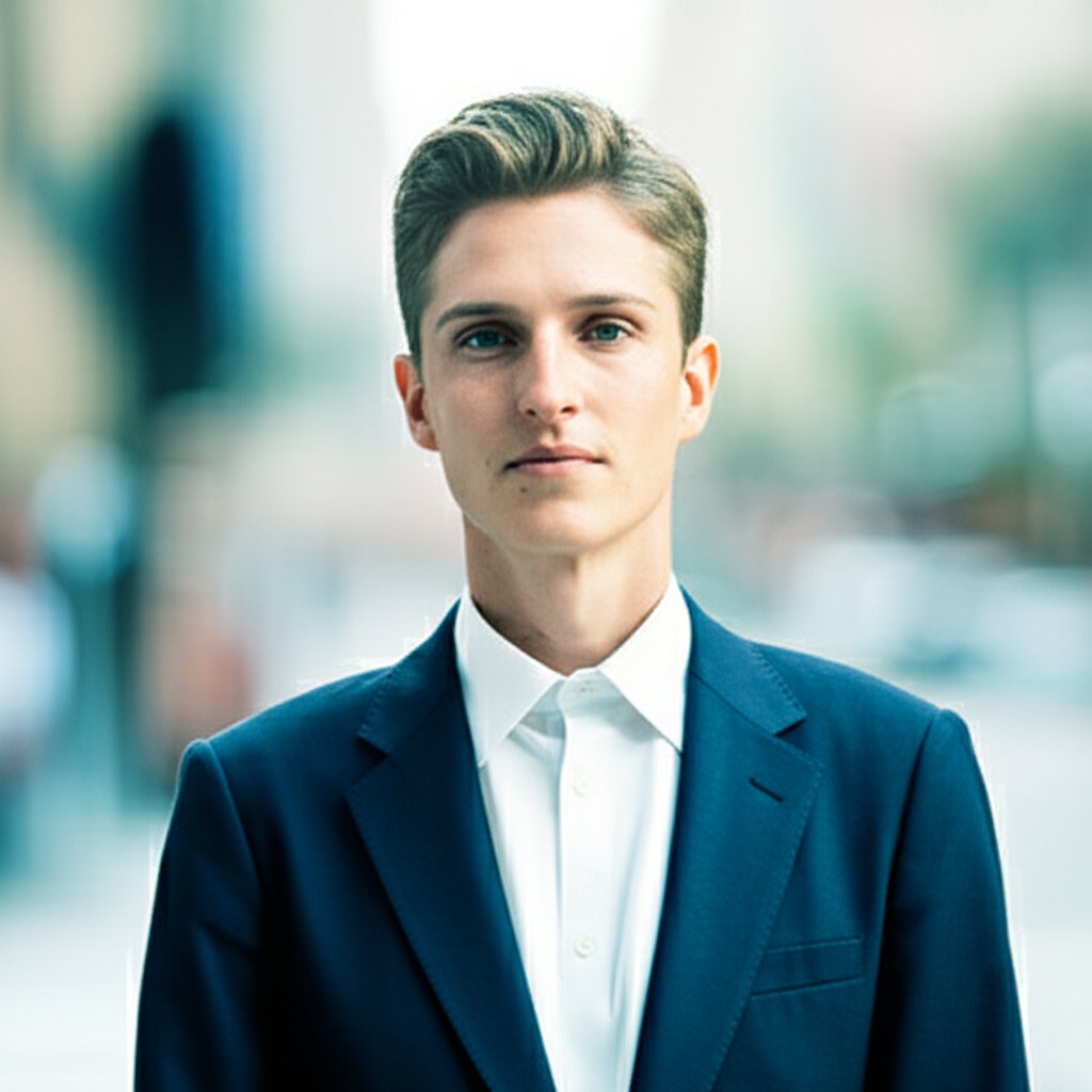 A calm, composed individual stands confidently in sharp focus against a blurred, busy urban background, conveying inner pe...
